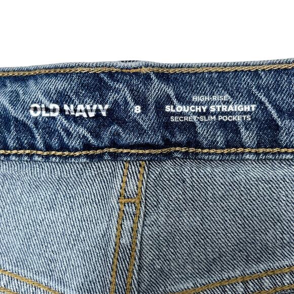Old Navy Slouchy Straight Jeans 8 High Rise Medium Wash Distressed Stretch Denim - Picture 6 of 11
